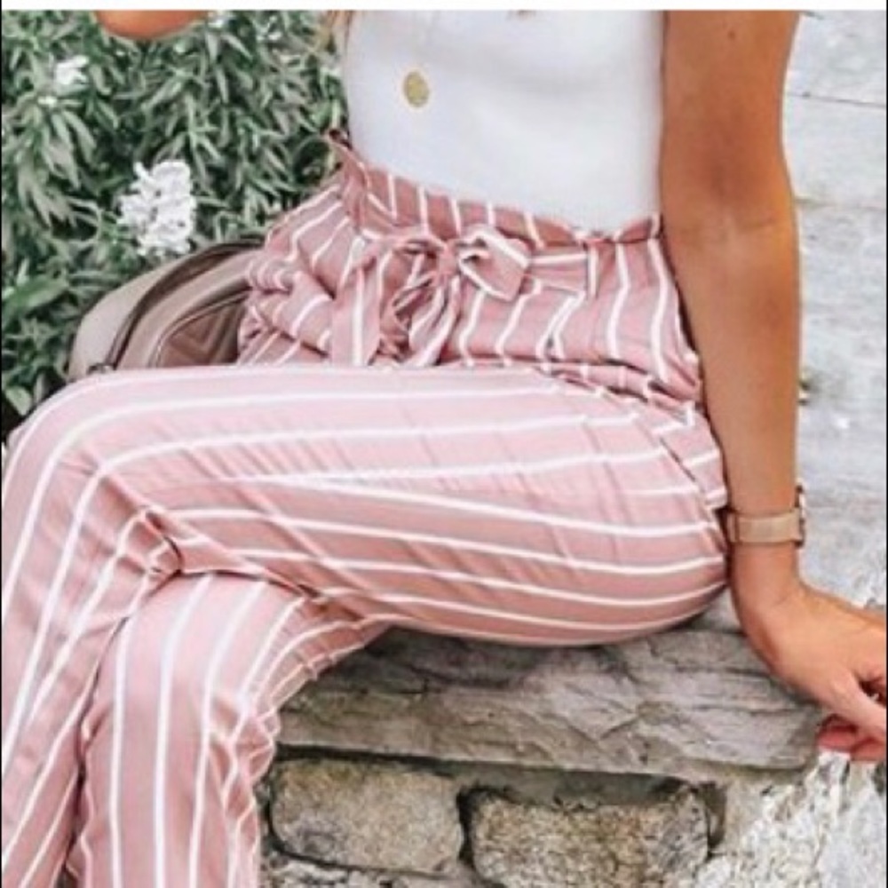 Pink white stripe paper bag wide leg  pants